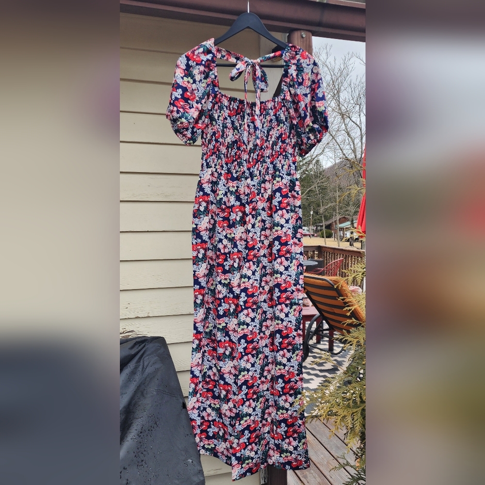 We Love Fashion Women’s Size S Blue Red Floral-Print High Waisted Jumpsuit  L18